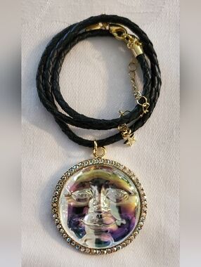 Kirks Folly Iridescent Moon Face Pendant Necklace - Black Cord